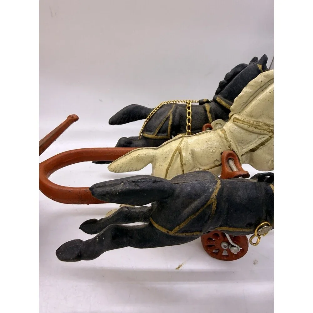 Vintage Cast Iron 3 Horse Drawn Fire Red Wagon Steam Pumper Toy